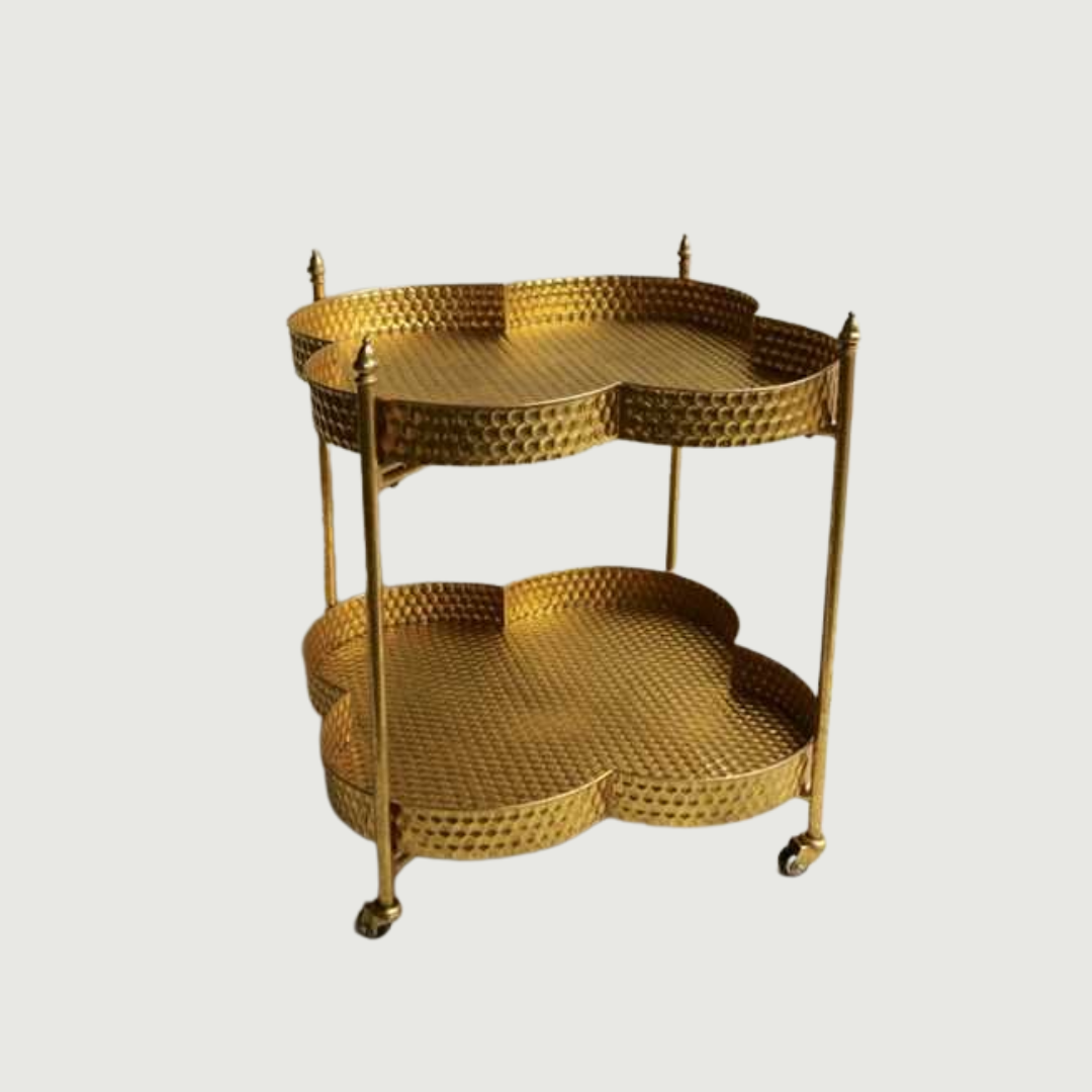 thumbnail interactive-video image 1 of Gold Clover Shaped Bar Cart - 2 Tier Metal Serving Cart With Wheels | Moroccan Inspired Home Bar 1 of 14